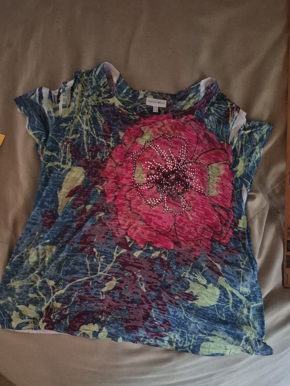 Fashion Bug Blue Tee with Pink Floral Crystal Accent
